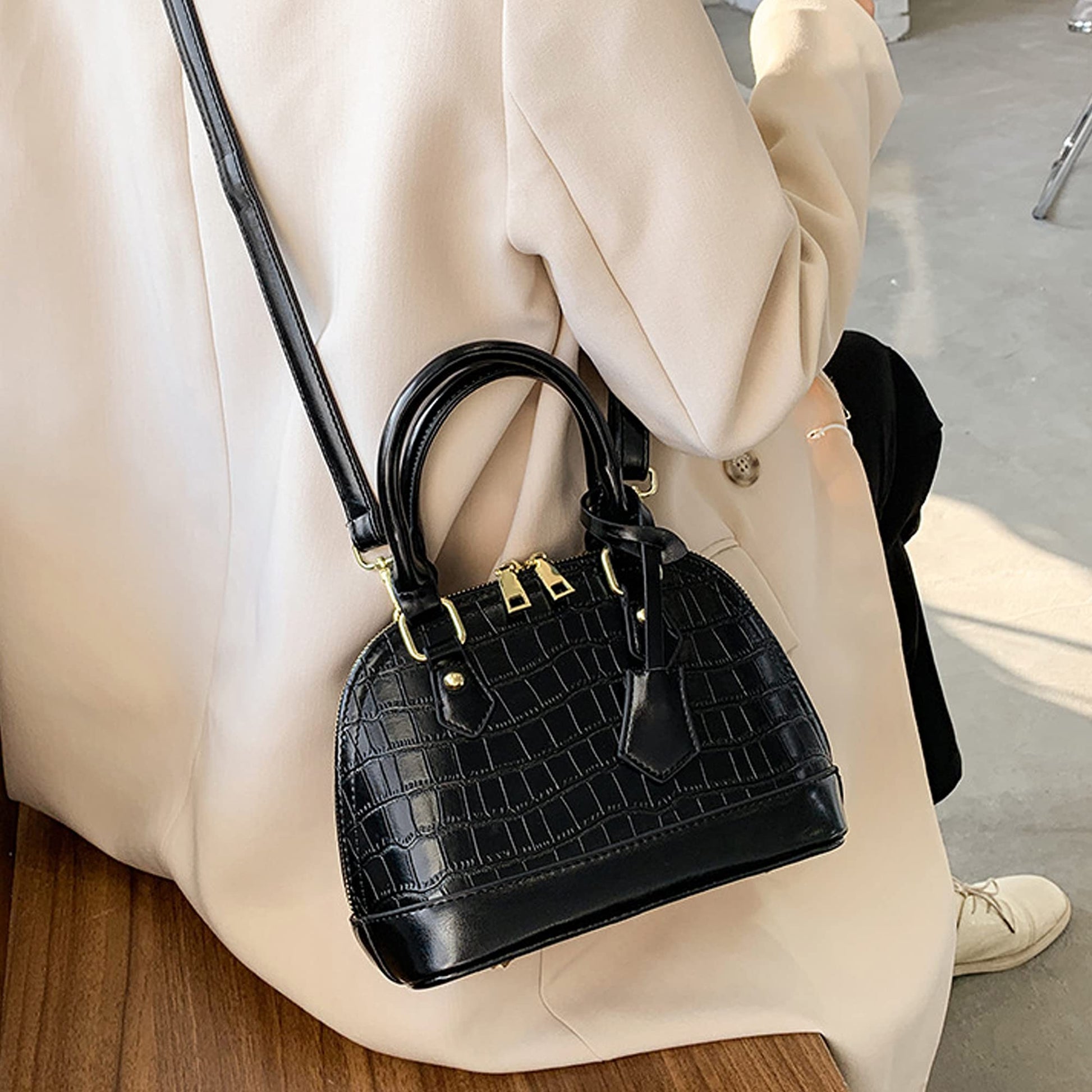 Patent Leather Top Handle Tote Bag Mini Zip Around Dome Shoulder Bag Shell Shape Cross Body Handbag Purse Satchel