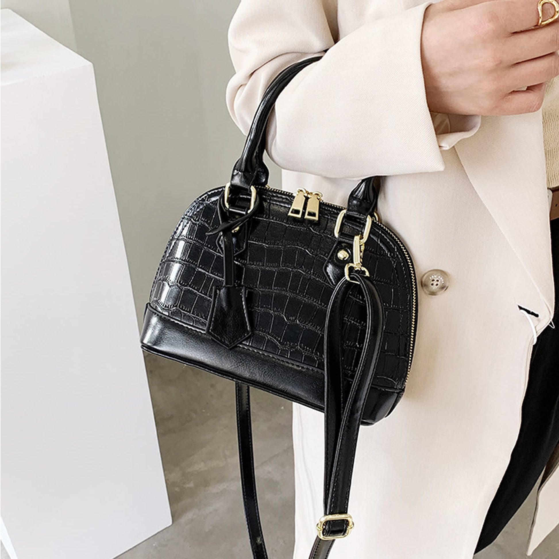 Patent Leather Top Handle Tote Bag Mini Zip Around Dome Shoulder Bag Shell Shape Cross Body Handbag Purse Satchel